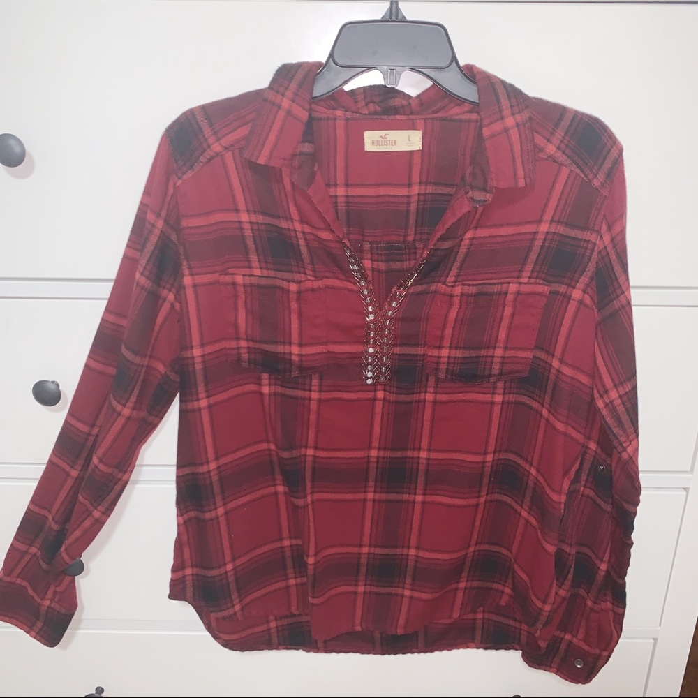 red plaid embroidered flannel
